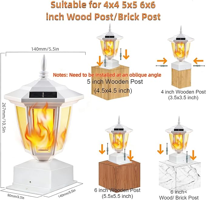 Dynaming 2 Pack Solar Flame Post Lights Outdoor, Solar Powered Lamps Fence Post Cap Lights, Flickering Flame LED Lantern Waterproof for Garden Deck Patio, Fit 4x4, 5x5 or 6x6 Wooden Posts, White Shell