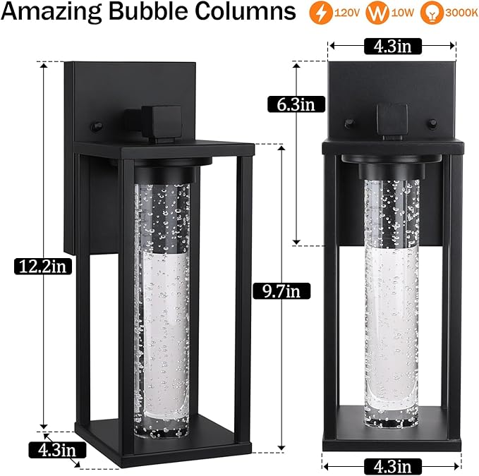 WIHTU Outdoor Light Fixture, LED Exterior Lighting Fixtures with Crystal Bubble, Matte Black Waterproof Outdoor Porch Lights for House, 2 Pack Outside Sconce Lighting for Patio Garage