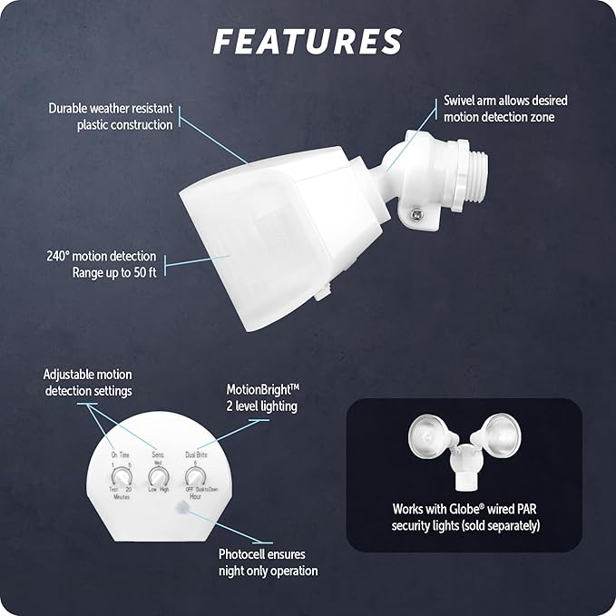Globe Electric 17000223 240-Degree Wired Motion Activated White Outdoor Flood Light Replacement Sensor