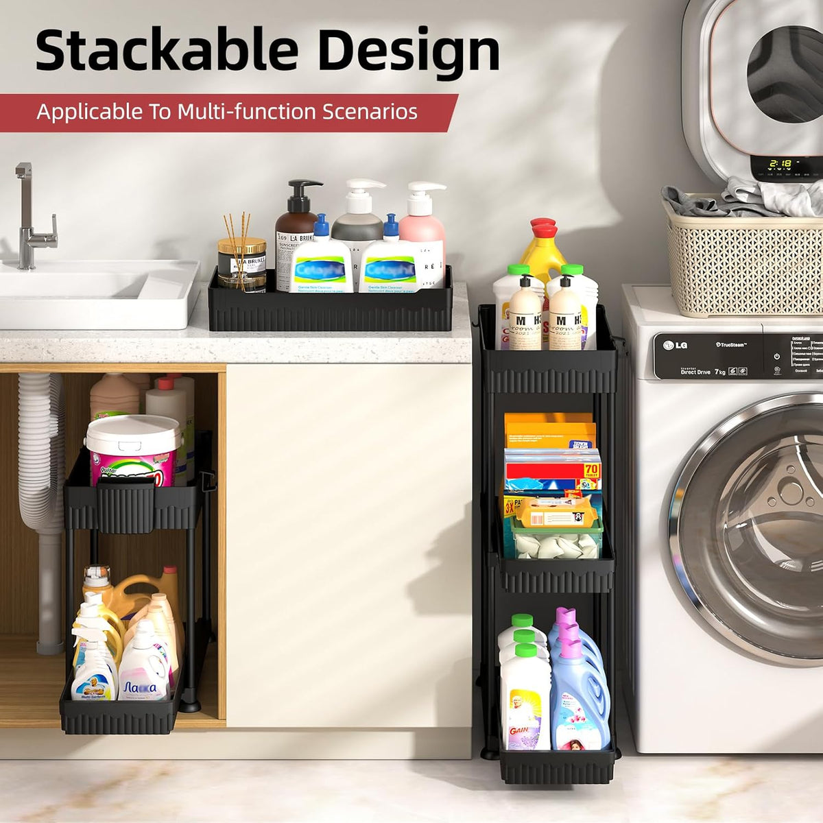 Sevenblue Under Sink Organizer - 2 Tier Multi-Use Pull Out Cabinet Storage | Black, 4 Pack