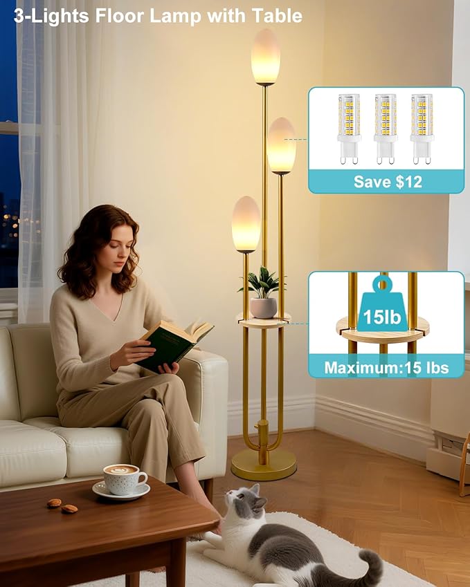 Lightdot Gold Floor Lamp Dimmable with Table, Tall Standing Lamps with 3-Oval Lampshades& LED Bulbs Included, 3000K Warmwhite Mid Century Modern Floor Lamp for Living Room/Sofa Beside/Corner Decor