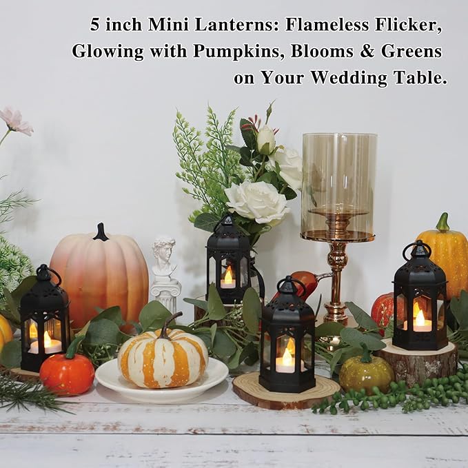 LLQ 12Pcs Mini Lanterns with Flicker LED Candle, Lanterns Decorative Indoor, Lantern Centerpieces for Tables, Vintage Decorative Lantern for Party Ramadan Halloween Christmas Wedding Decorations