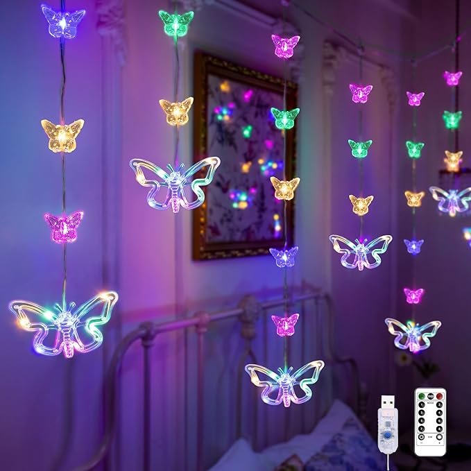 YOLIGHT Butterfly Curtain Lights for Bedroom 9.8ft LED Twinkle Fairy Light with Remote Timer Cute String Lights Wall Décor for Kids Girls Room Bed Canopy Wedding Easter Decoration (Multicolor)