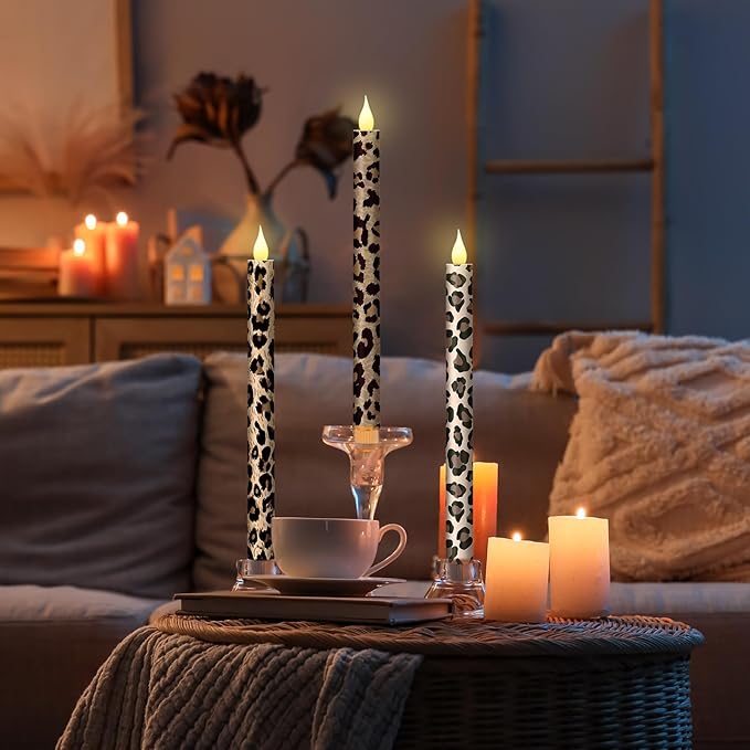 Honoson 6 Pcs Leopard Flameless Taper Candles 10.6 Inch Cheetah Print Candles Battery Operated LED Candlesticks for Animal Theme Birthday Party Dinner Table Home Bathroom Decor