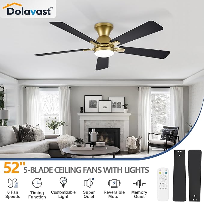 Ceiling Fans with Lights and Remote, 52 Inch Ceiling Fan with Light, Low Profile Reversible Gold Fandelier Ceiling Fan, Dimmable LED, Flush Mount, Quiet DC Motor, for Bedroom Kitchen