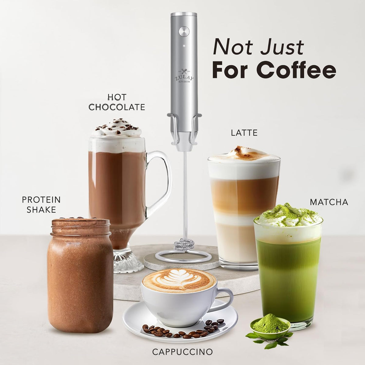 Zulay Kitchen Rechargeable Milk Frother - Powerful 2-Speed Motor, 2000mAh Battery | Handheld Mixer for Latte, Cappuccino & Matcha - Silver