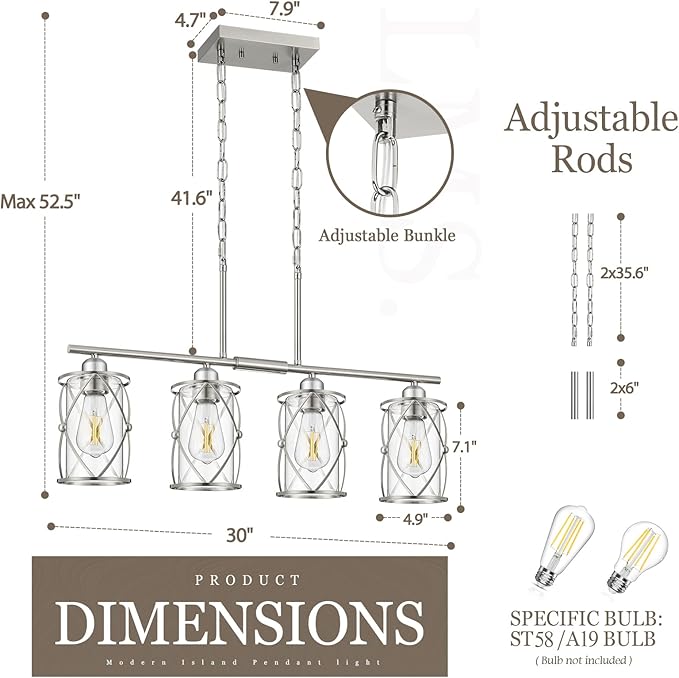 4-Light Kitchen Island Lighting, Modern Brushed Nickel Dining Room Light Fixtures with Clear Glass, Farmhouse Industrial Linear Chandelier Pendant Light with Adjustable Chain, CH9176BN-4IS