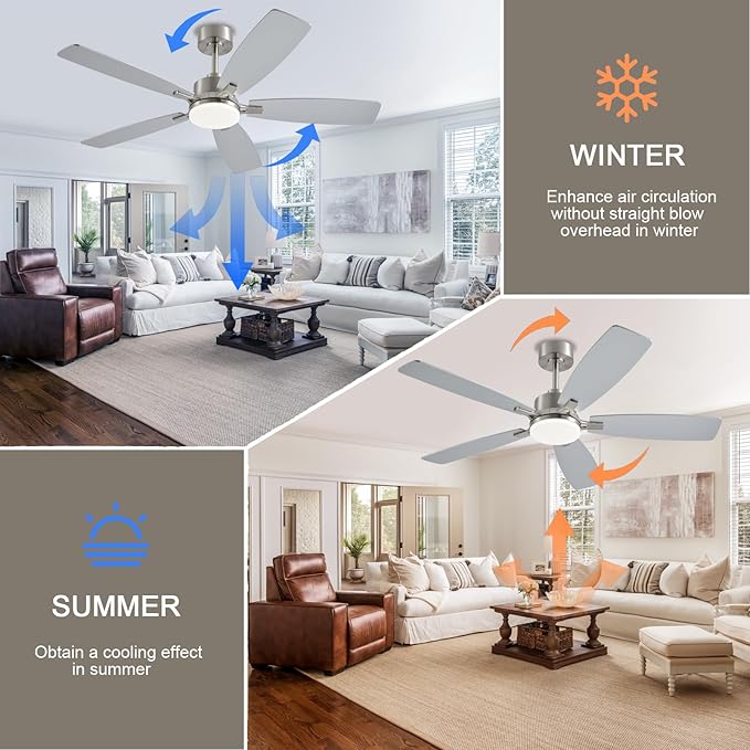 Ceiling Fans with Lights, 52 Inch Low Profile Ceiling Fan with Light and Remote Control, 2 Downrods, DC Reversible Motor, Dimmable LED Ceiling Fans for Bedroom,Indoor/Outdoor Patio Use（Nickel）