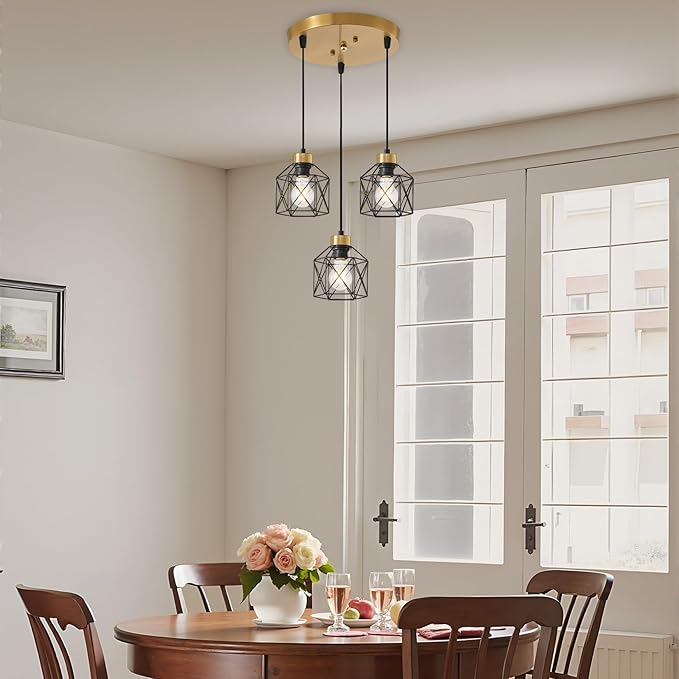 Black and Gold 3-Light Pendant Light Fixture, Farmhouse Hanging Pendant Lighting, Dining Room Chandelier, Industrial Kitchen Island Hanging Light Fixture, Metal Cage Pendant Ceiling Lamp for Kitchen