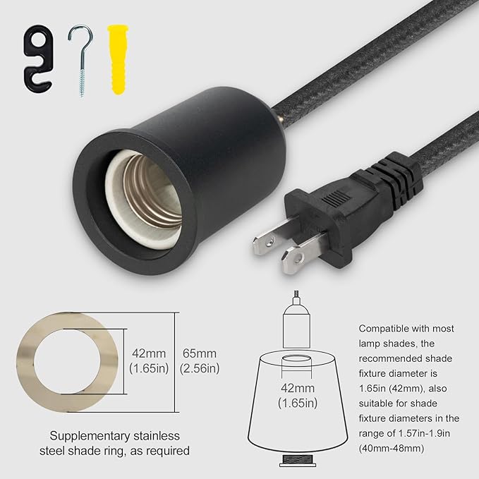 Hanging Light Cord Kit with Plug,Pendant Lamp Rope with Switch,Ceramic Bulb Socket,for DIY Lampshade Replacement Lantern Cord,Swag Lamp kit Plug in,Cloth Wrapped 15ft Black 2Set