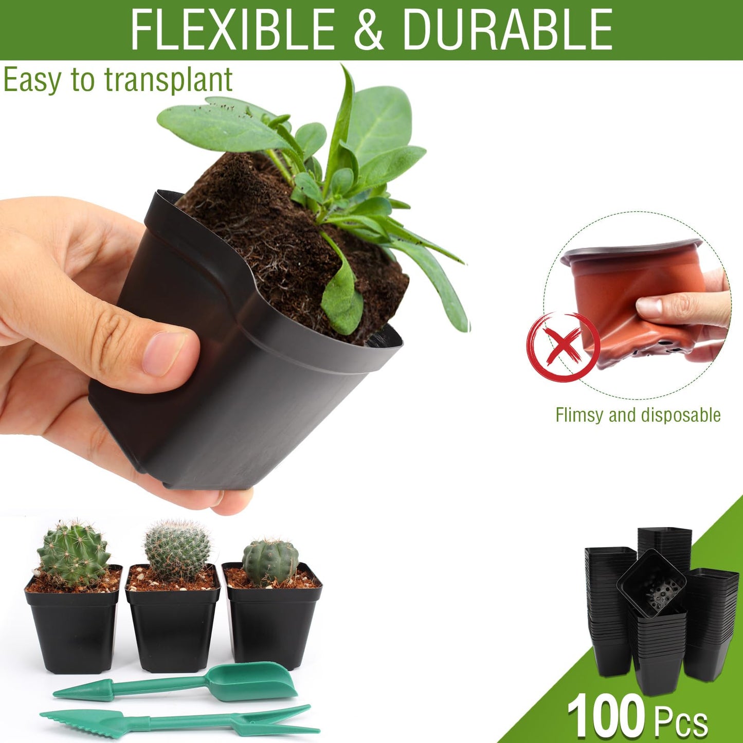 100 Pcs 2.6" Square Nursery Pots for Seeds - Thickened Reusable Plastic Seedling Pots with 60 Plant Labels & Tools - Seed Starter Pots with Drainage for Succulents, Flowers, Cuttings & Greenhouse