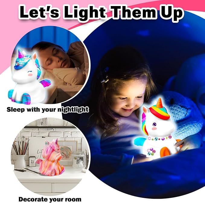FUNZBO Paint Your Own Unicorn Lamp Kit - Easter Basket Stuffers, Arts and Crafts Supplies Painting for Kids Teens, DIY Night Light Unicorn Toy for Girl Boy Age 3 4 5 6 7 8 9 10 11 12 13 Birthday Gift