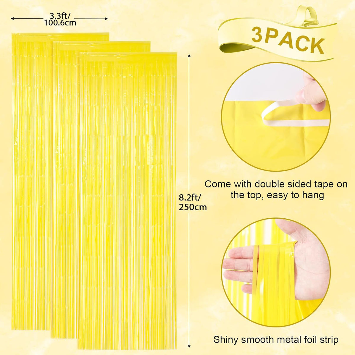 Voircoloria Foil Fringe Backdrop Curtains - 3 Pack of 3.3 x 8.2 ft Pastel Yellow Tinsel Streamers for Parties