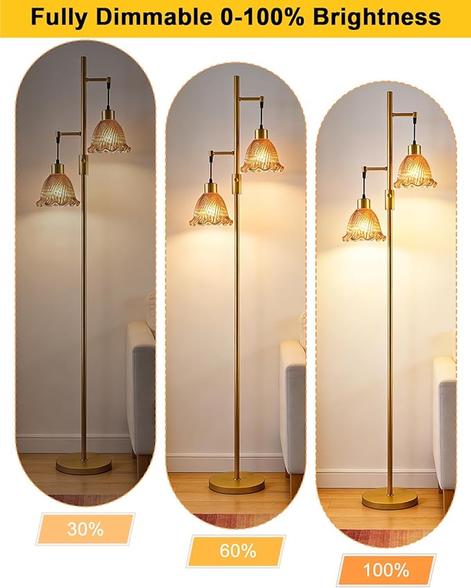 65IN Glass Floor Lamp, 2-Light Gold Tall Standing Lamps Dimmable with Rose Red Glass Lampshade, 3000K Warmwhite Mid Century Modern Floor Lamp for Living Room/Bedroom/Sofa Beside/Home Decor