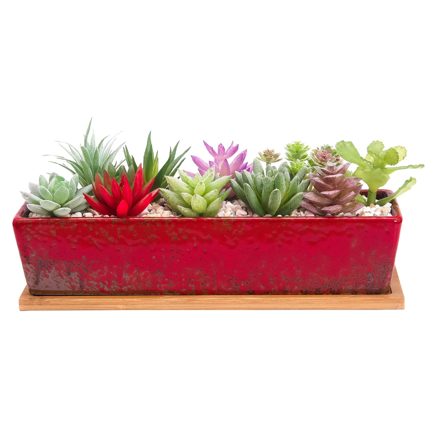 Succulent Pots - Large Succulent Planter Pots with Drainage, 12 Inch Long Rectangle Bonsai Pot with Bamboo Tray Shallow Ceramic Cactus Flower Planter Window Box for Home Garden Decor (Red)