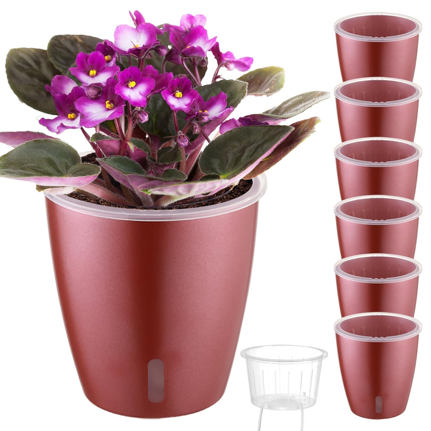 KvyusFlourish Self Watering Pots for Indoor Plants, 6-Pack 5'' Self Watering Planter with Drainage Holes, Small African Violet Pots with Water Indicator, Clear Wick Orchid Pot, Rose Gold