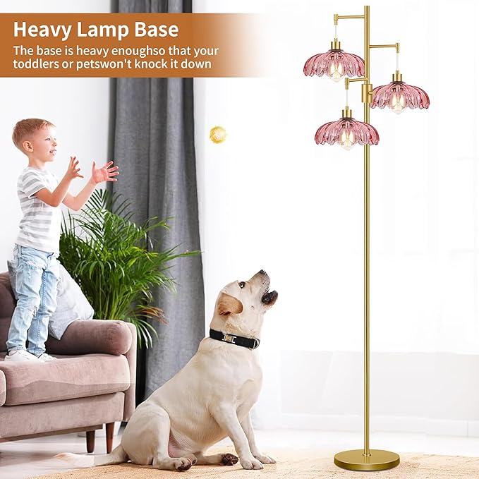 Gold Floor Lamps for Living Room-3 Light Dimmable Floor Lamp with Three Bulbs & Glass Lampshape, Mid Century Modern Standing Lamp Tree Tall Flower Floor Lamp for Bedroom Living Room,Corner