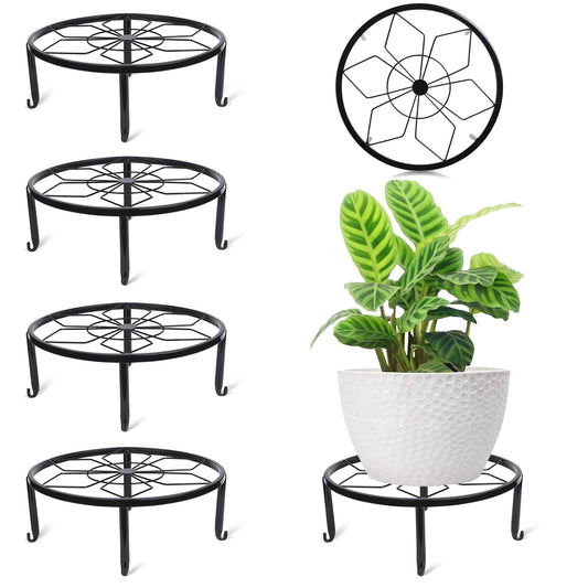Beeveer 4 Pcs 12 Inch Black Metal Plant Stands for Indoor Outdoor Heavy Duty Pot Potted Stand Holder Iron Circle Plant Shelf Rustproof Risers Round Supports Rack for Home Garden Planter Display