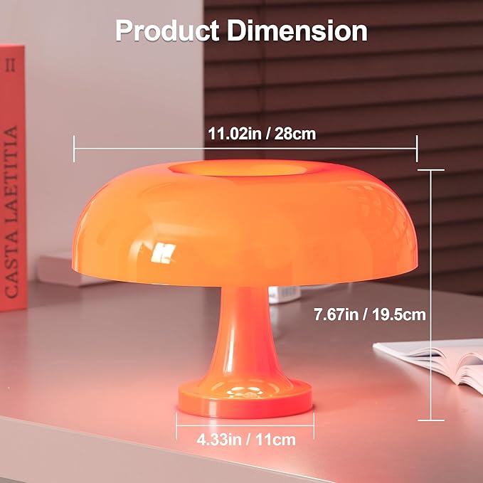 Cordless Mushroom Table Lamp, Rechargeable Orange Bedside Lamp with Touch Control and 3 Color Stepless Dimming, Portable Desk Lamp for Dinner/Restaurant/Bedroom (W11'' x H7.67'')
