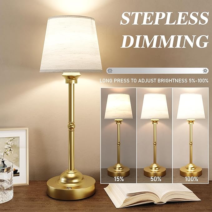 Cordless Table Lamps, 3 Colors Stepless Dimming Fabric Desk Lamp, 6000mAh Rechargeable Battery LED Desk Lamp for Bedroom, Camping, Dining, Bar, Night Light, Desk, Cafe