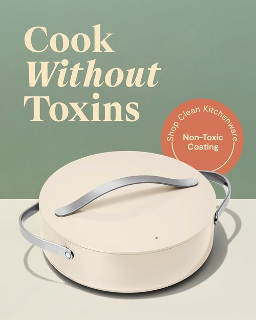 Caraway Rondeau - 6 Qt Non-Stick Cooking Pan with Lid - Chemical-Free Design for Searing & Roasting - Cream