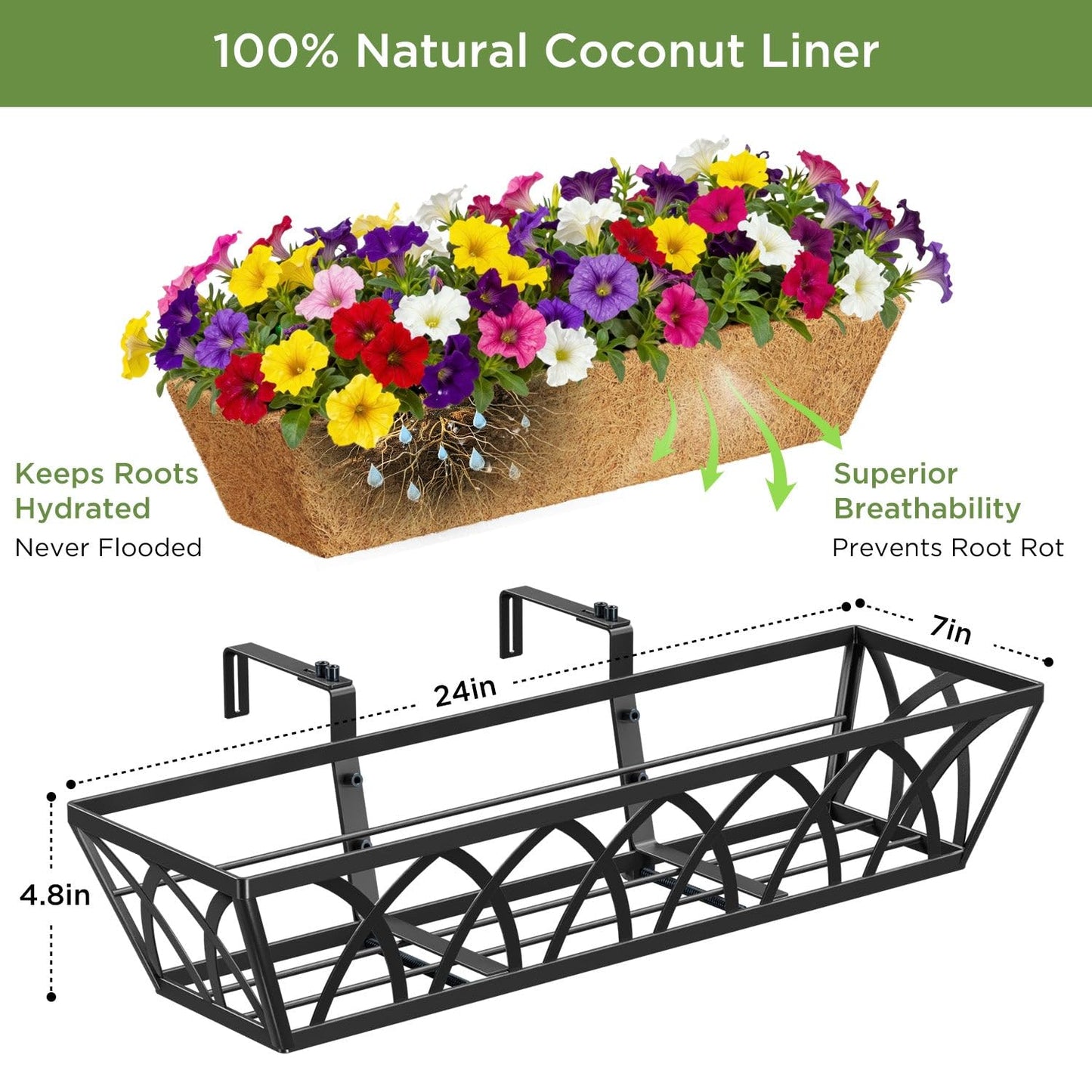 HFHOME 24 inch Railing Planter Box with Coco Liner, 24" Dia Window Box Trough with Coconut Coir Liners, Black Metal Hanging Flower Planter Basket for Indoor Outdoor Lawn - Set of 4