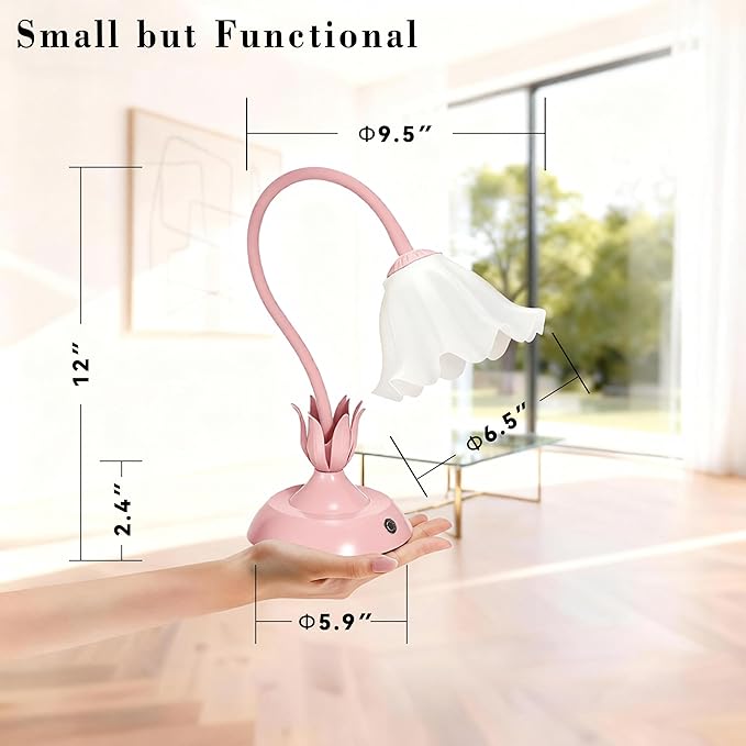 Cordless Flower Table Lamp Pink, Valentine‘s Gift, 5200-mAh Rechargeable Touch Lamp, 3-Way Dimmable, Build-in Integrated LED 320 Lumen Max, for Nightstand Bedroom Living Room