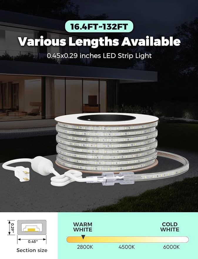 GZBtech AC 110-120V LED Strip Lighting 66FT/20M, 2800K Warm White IP65 Waterproof Outdoor Strip Lights, 60LEDs/M SMD2835 Cuttable & Connectable LED Rope Light for Indoor Outside Exterior, ETL Listed