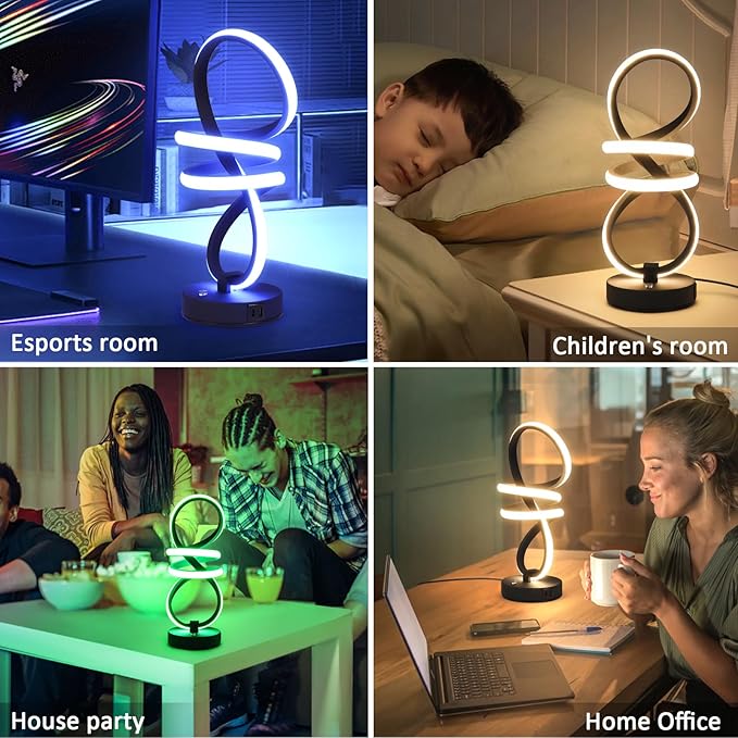 Modern LED Table Lamp, Spiral RGB Table Lamp, Touch Dimmable LED Nightstand Lamp with USB/Type C, 7 Colors & 10 Light Modes Bedside Lamp for Bedroom, Living Room, Cool Lamps for Ideal Gift(2 PACK)