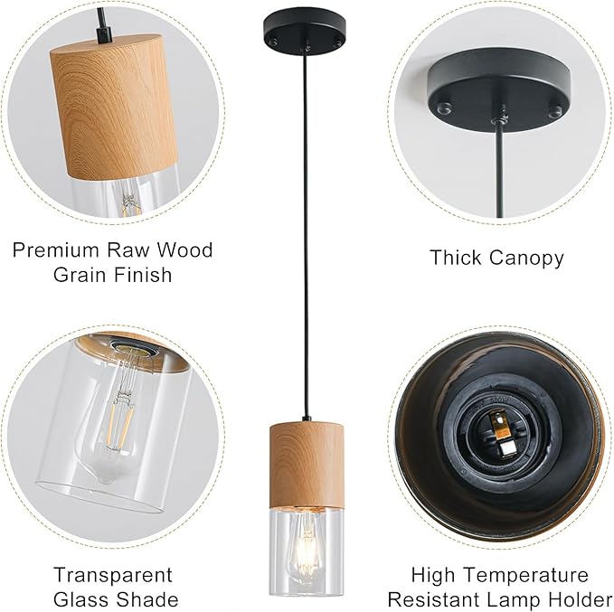 2-Pack Modern Pendant Lights for Kitchen Island, Adjustable Pendant Light Fixtures with Raw Wood Grain, Industrial Clear Glass Pendant Lights for Dining Table Hallway Bedroom Living Room