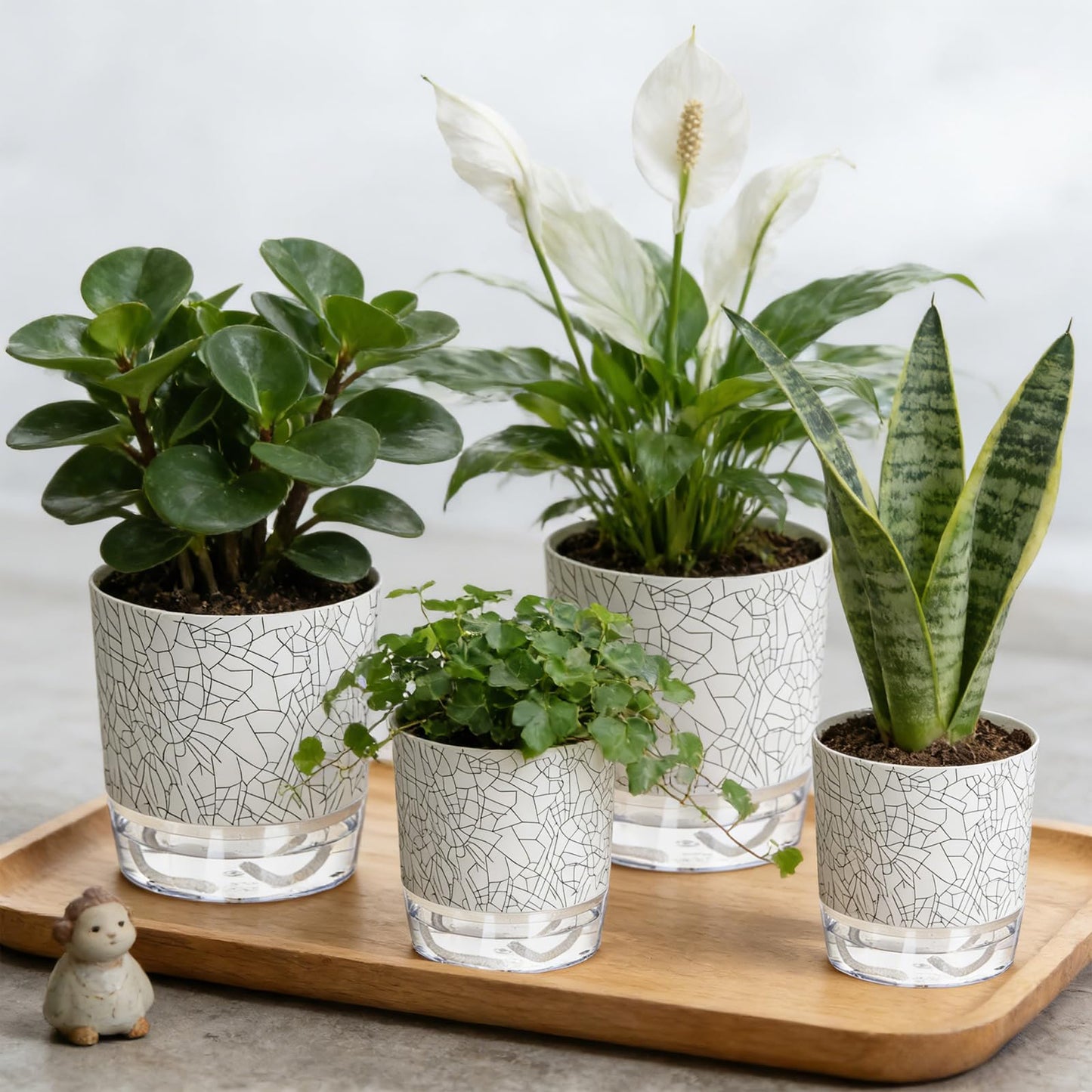 Samhe Self Watering Pots for Indoor Plants, 4/5.5 Inch Crackle Pattern Planters with Clear Water Reservoir & Wick System, 4 Pack Plastic Flower Pots for Succulents, Herbs, African Violets