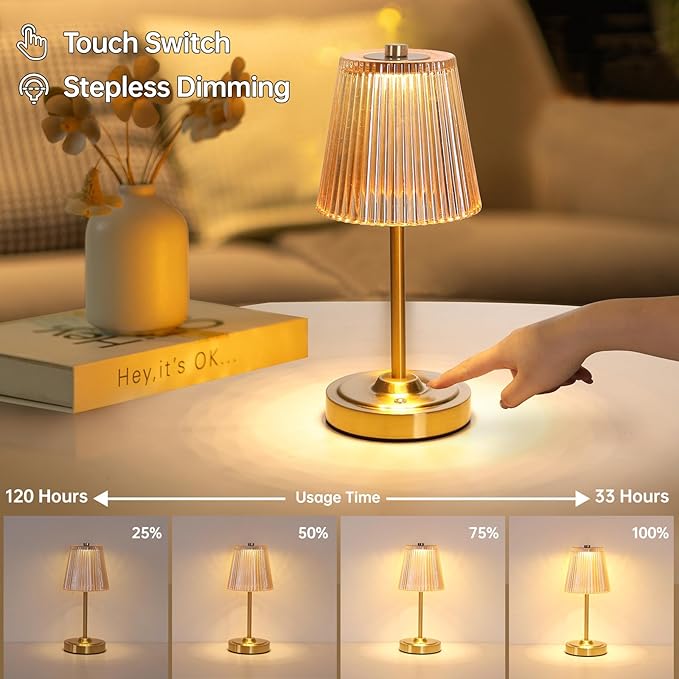 Cordless Touch Table Lamp with 5200mAh Battery - 3 Adjustable Color Temperatures & Dimmable, Rechargeable Desk Lamp for Bedroom, Living Room, Office, Entryway, Bookshelves (Amber Stripe)