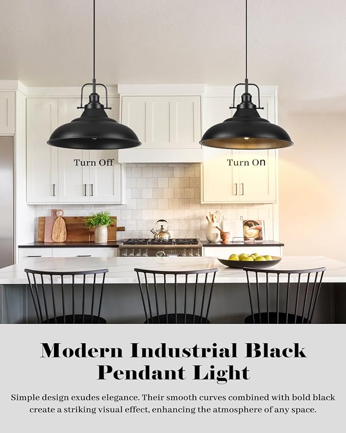 Black Pendant Light,16 Inch Large Industrial Pendant Lights, Matte Black Pendant Lights Kitchen Island, Vintage Farmhouse Pendant Light for Kitchen Island, Dining Room, Hallway (1 Pack)
