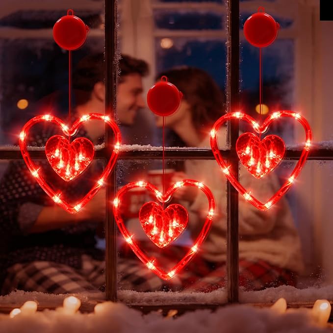 LOLStar 3 Pack Valentines Day Window Lights Decor with Timer, Battery Operated Red Heart-Shaped Window Decorations Silhouette Sucker LED Lamp Slow Fade Mode Hanging Lights for 2026 Holiday Indoor Home