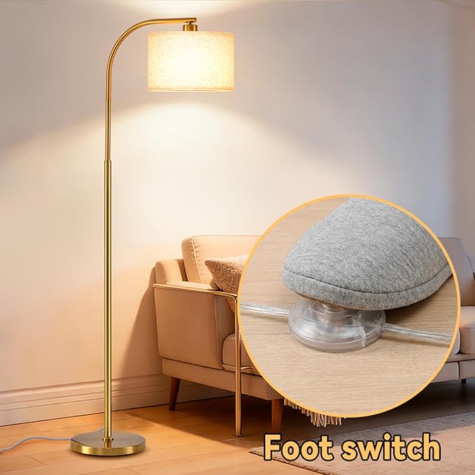 Gold Floor Lamp for Living Room,65'' Modern Standing Lamps with LED Bulb,Elegant Floor Light with Fabric Shade,Tall Lamp for Bedroom Office Study Room Corner Dining Room（Remote not Include）