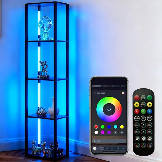 RGBCW Floor Lamp with Shelves, LED Smart Modern Floor Lamp with Music Sync, Color Changing Corner Display Shelf Lamp, Standing Lamp with Shelves for Living Room and Bedroom, Office, Black