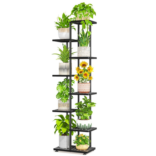 LASZOLA 7 Tier Plant Stand Indoors Outdoors for Large Heavy Duty Planter, Black Metal Tall Flower Holder Rack with Multiple Shelf for Modern Patio Corner, Vertical Organizer, Weather Resistant Bracket
