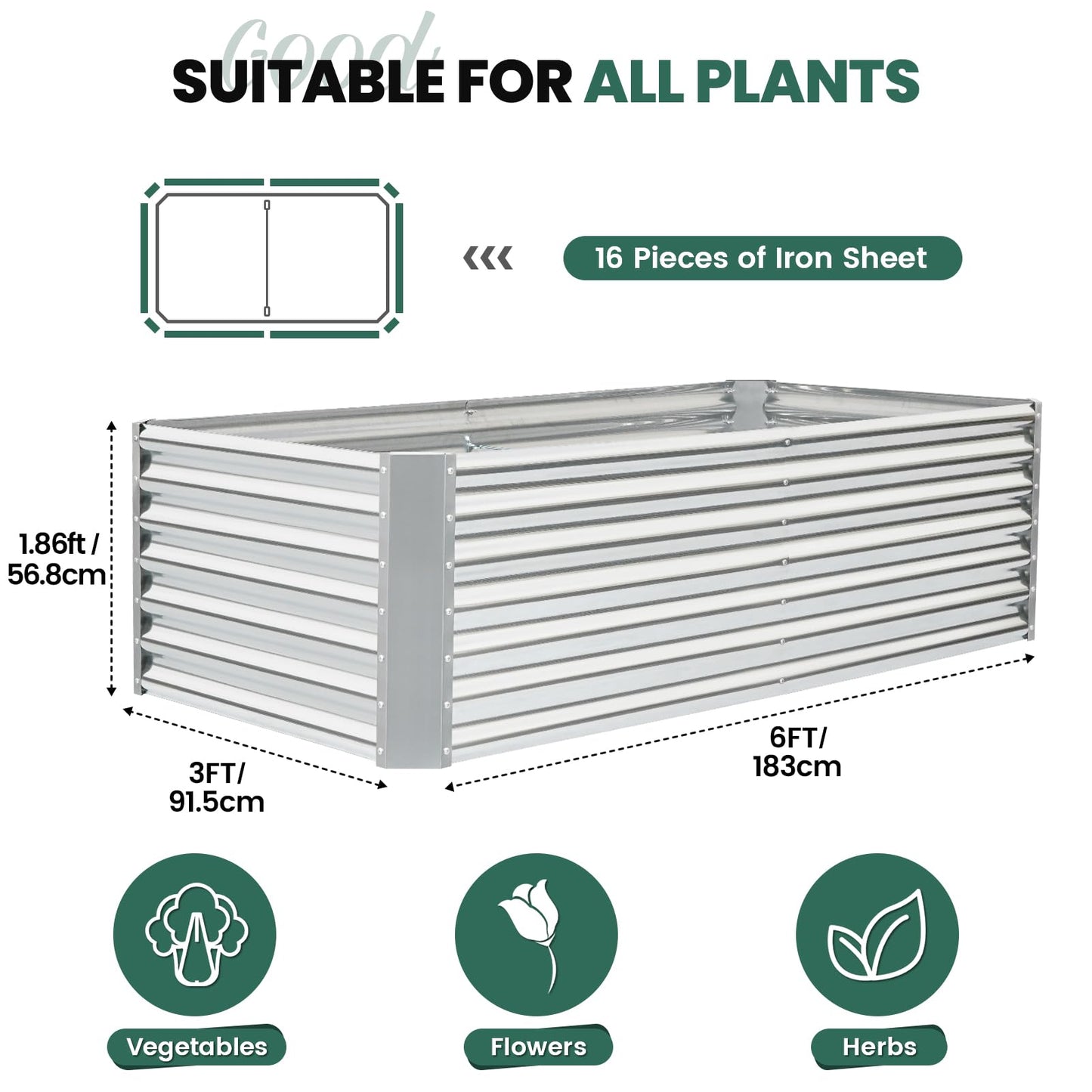 G GOOD GAIN 6x3x2 ft Galvanized Raised Garden Bed Kit, Large Metal Planter Box Outdoor for Vegetables, Flowers, Herbs, 269 Gallon Capacity Deep Root Design, Silver