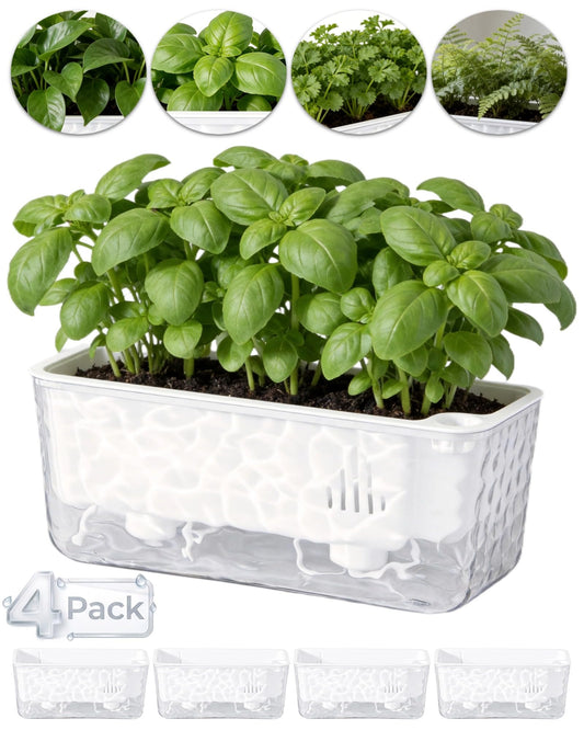 11 Inch Self Watering Plant Pots for Indoor Plants, 4 Packs rectangle planter with Drainage Tray and Rope, Window Boxes Planters for Indoor Outdoor Garden Plants, African Violet, Herbs, Succulents