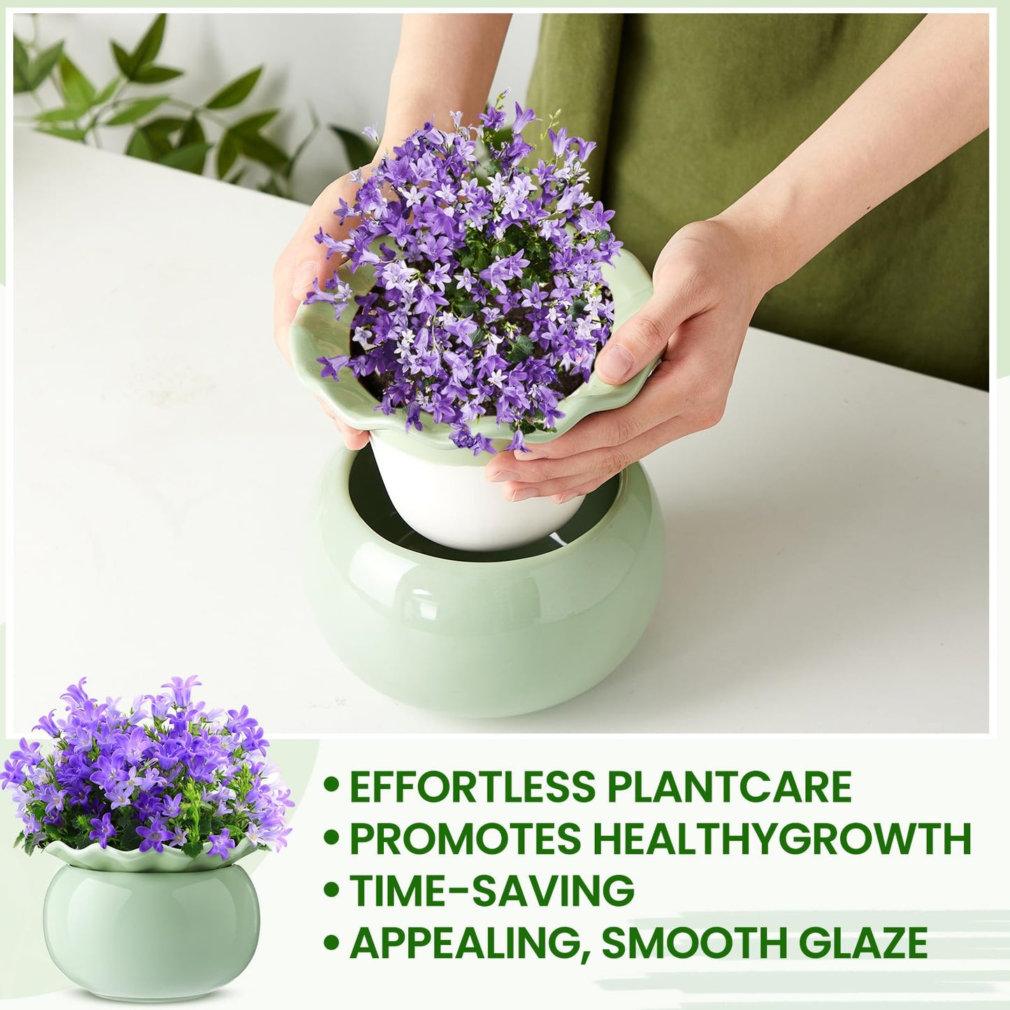 Suclain 2 Pack Ceramic African Violet Pots Self Watering Plant Pot Effortless Self Watering Plant Flower for Busy Lovers, Indoor(Green,6 Inch)