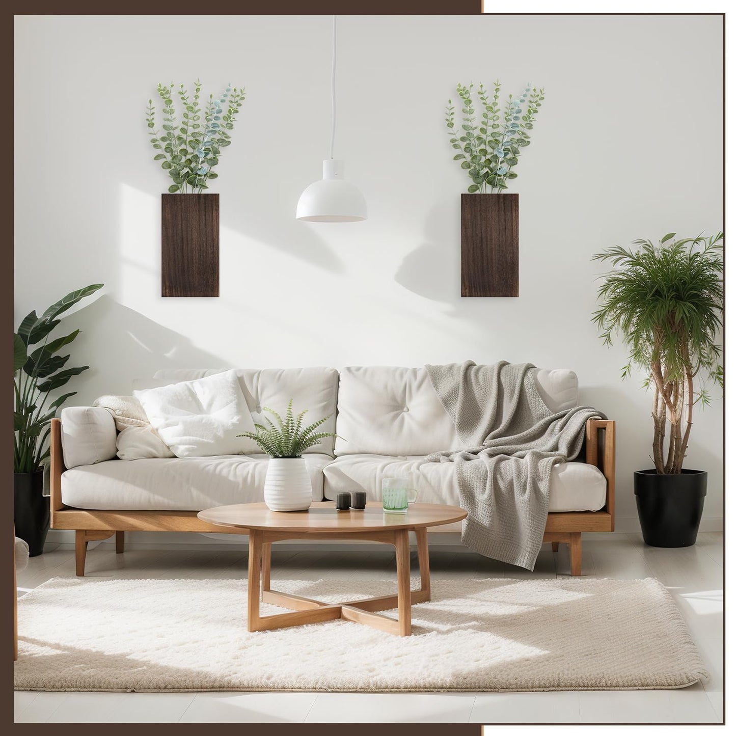 Vesici 2 Pack Wood Wall Planter Vase with Artificial Plants Indoor Plants Holder Pocket Farmhouse Wooden Vases Wall Flower Hanging Plant Decor for Bedroom Kitchen Office Home(Eucalyptus,Wood)