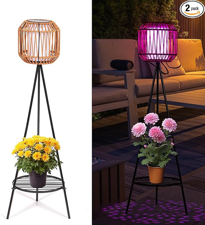 HUYIENO 2pk Solar Floor Lamps Porch Decorations 9 Color Option Outdoor Rattan Lights with Plant Stand Both USB Charge and Solar Powered Garden Lantern Lights for Patio Yard Pathway