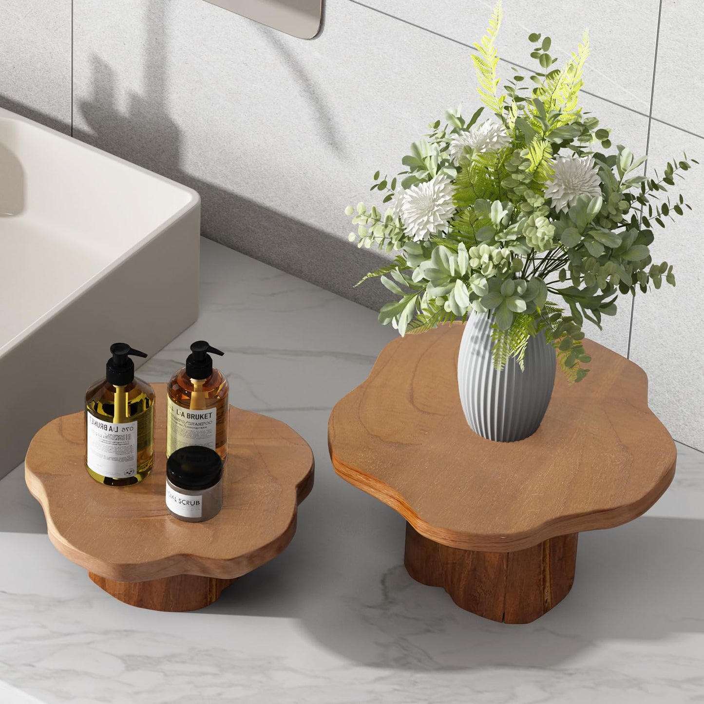 JOLLYMER 9" Live Edge Teak Wood Display Risers With Natural Edge Base – Versatile Teak Wood Pedestal Stand Display Stand Cake Stand,for Kitchen/Bathroom Counter