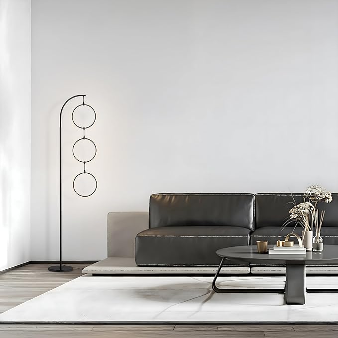 Brightech Nova Modern Color Changing Floor Lamp - LED Lamp with Stunning RGB Color Gradient and Contemporary 3-Circle Ring-Style Pendant - Corner or Over-The-Couch Arching Pole Standing Lamp - Black