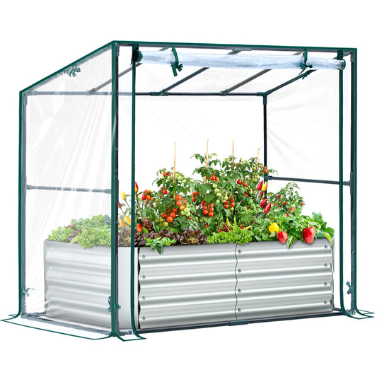 Ohuhu Raised Garden Bed with Cover Outdoor, 4x2x1 FT Galvanized Metal Planter Box with PVC Greenhouse Cover, Protects Plants from Frost Birds Insects, 3-in-1 Gardening Set for Vegetable Flower Herb