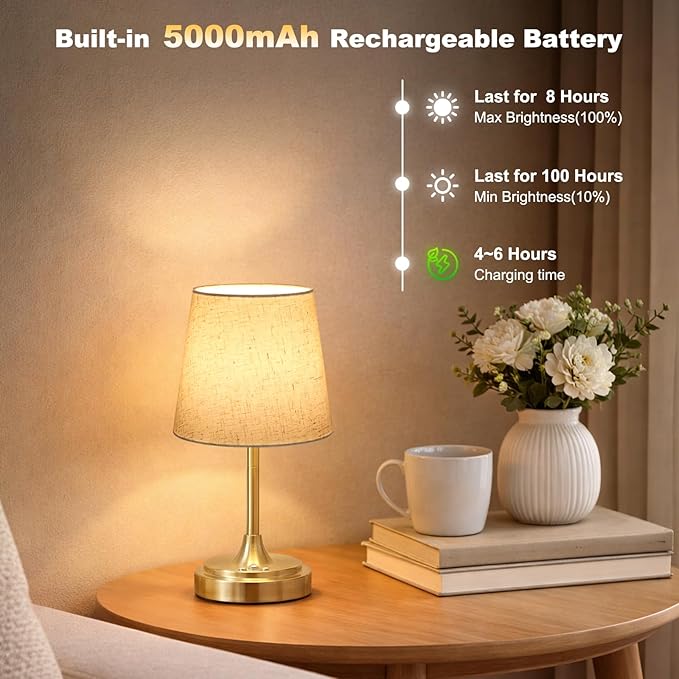 Small Cordless Table Lamp Rechargeable,5000mAh Battery Operated Desk Lamp,3 Colors & 7 RGB Stepless Dimmable,Touch Ambient Light for Bedside,Bedroom,Dining Room,Living Room,Gold,FlaxenShade