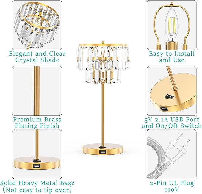 Bedside Lamp for Bedroom, Gold Crystal Table Lamp 18 Inches, Tiffany Clear Crystal Drops, USB Charging Port, E12 Socket, 6W LED Bulb Included, Golden Decorative Desk Light(1 Pack, Brass Finish)