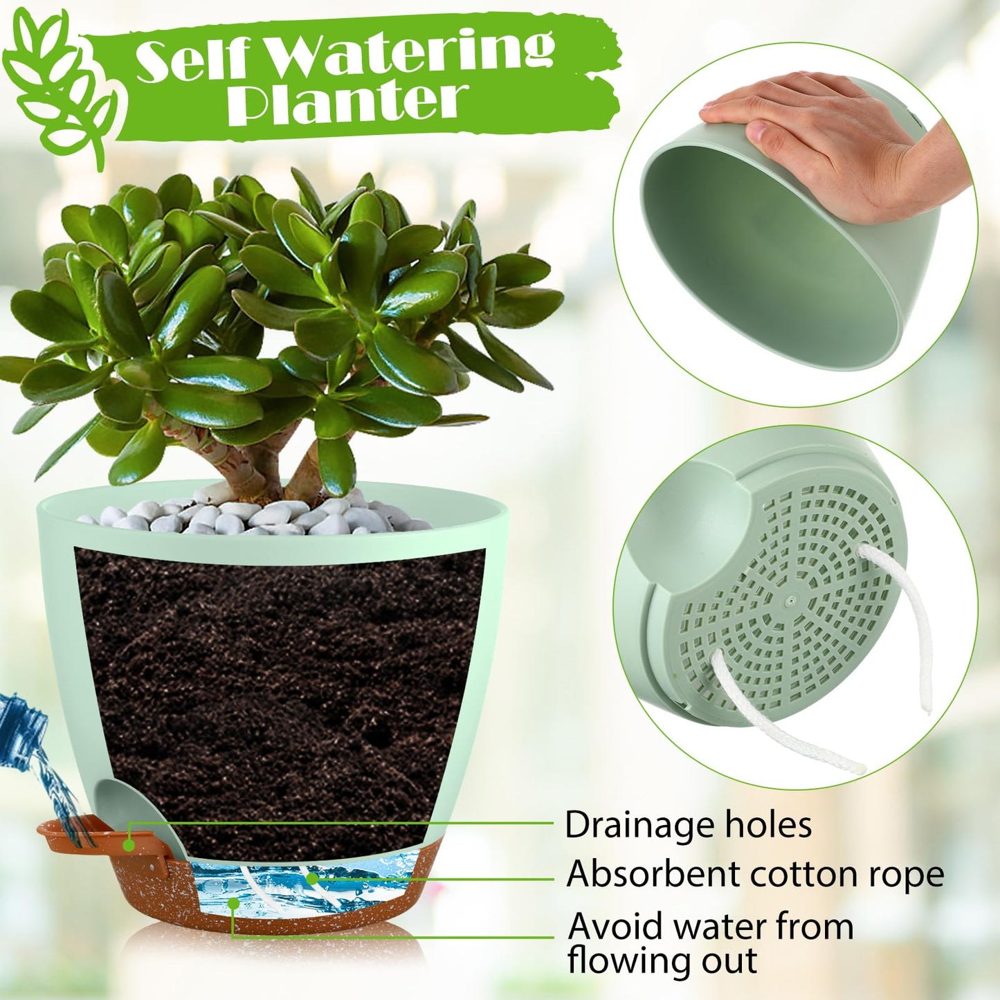 Remerry 15 Pcs 7/6.5/6/ 5.5/5 Inch Self Watering Planters with Drainage Hole Plant Pots Plastic Flower Pots Indoor Plant Pots Self Watering Pots and Saucer Reservoir for Indoor Outdoor Plant Flower
