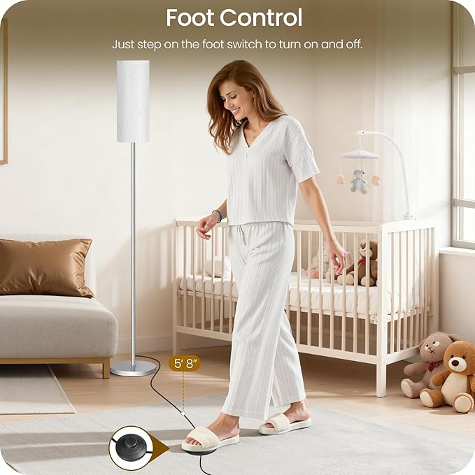 Dimmable Floor Lamps for Living Room with Remote and Foot Switch, 64.4” Modern Standing Tall Lamp, Corner Lamp for Office, Bulb Included, 3000K-6500K, Silver and Off-White SW06LD05W1