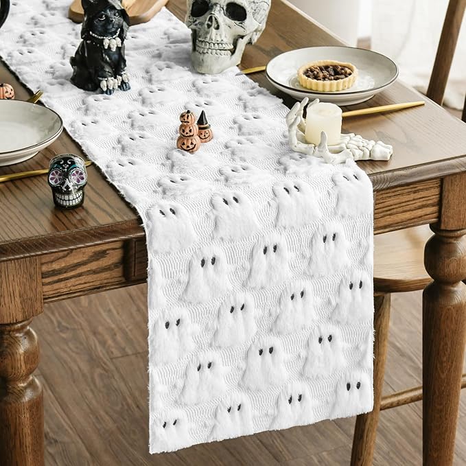 Artoid Mode Ghost Soft Plush Faux Fur Jacquard Halloween Table Runner, Holiday Kitchen Dining Table Decoration for Home Party Decor 13x36 Inch